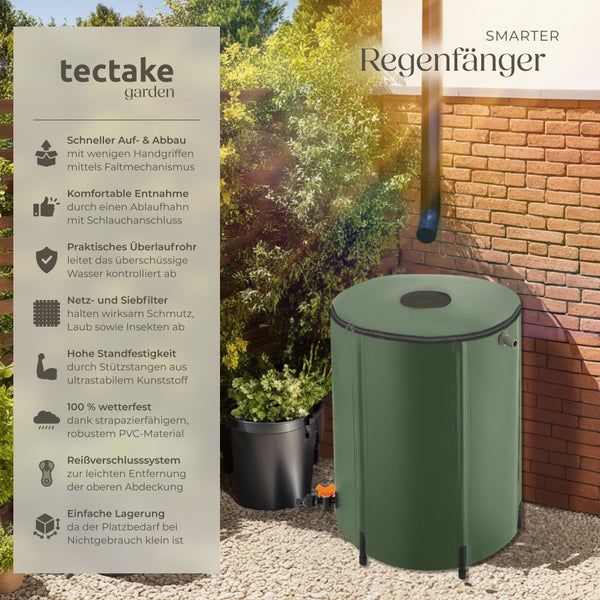 Tectake Regenwasserfass mit Ablaufhahn und Filter zur Gartenbewässerung vor einer Ziegelwand mit Auflistung der Produktvorteile.