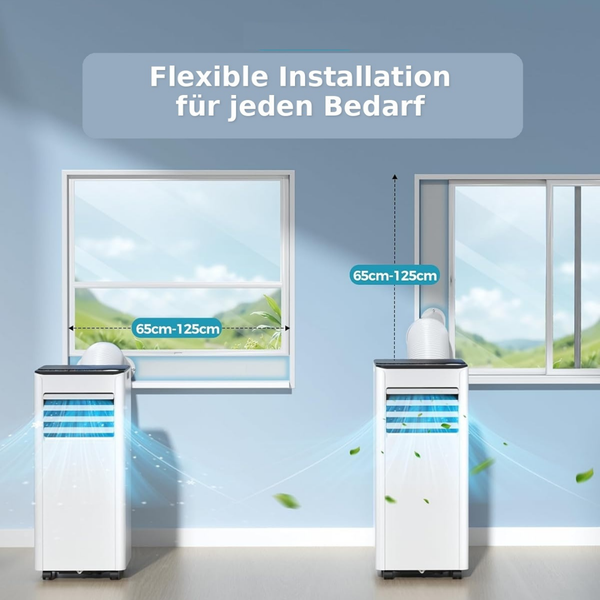 Tragbares Klimagerät mit flexiblem Abluftschlauch für horizontale und vertikale Fensteröffnungen von 65 bis 125 Zentimeter.