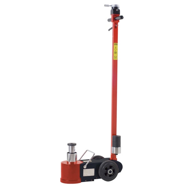 Druckluft-Hydraulikheber in Rot und Schwarz mit langem Griff und Rollen für schwere Fahrzeuge.