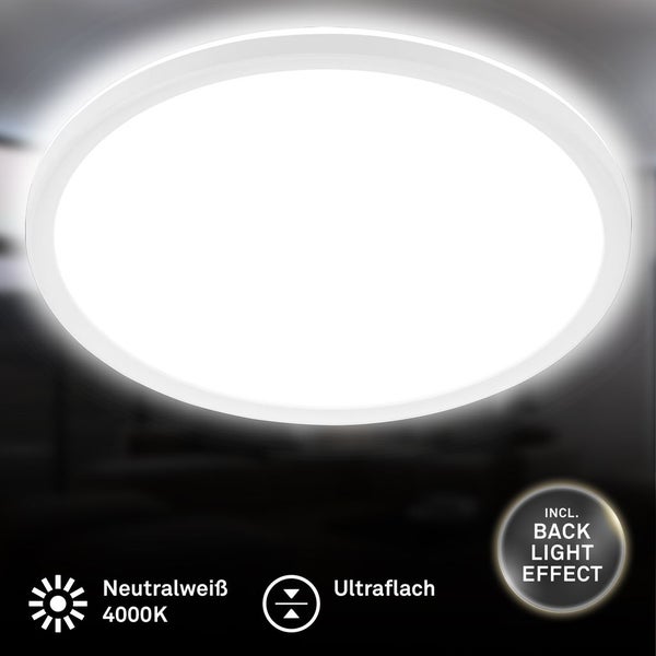 Runde, ultraflache LED-Deckenleuchte, Lichtfarbe Neutralweiß mit 4000 Kelvin, inklusive Backlight-Effekt.