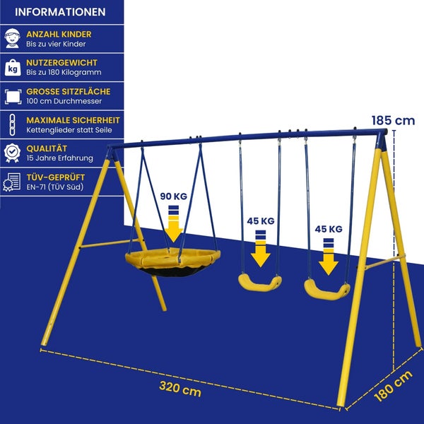 Schaukel mit einer maximalen Belastbarkeit von 180 Kilogramm und einer Sitzfläche von 100 Zentimetern Durchmesser