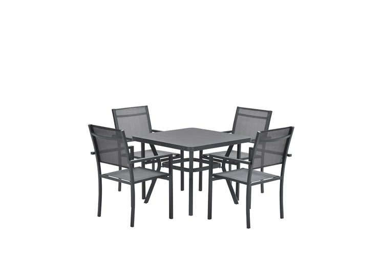 Gartenmöbel-Set bestehend aus einem quadratischen Tisch und vier Stühlen mit Metallgestell und Textilbespannung in Anthrazit.