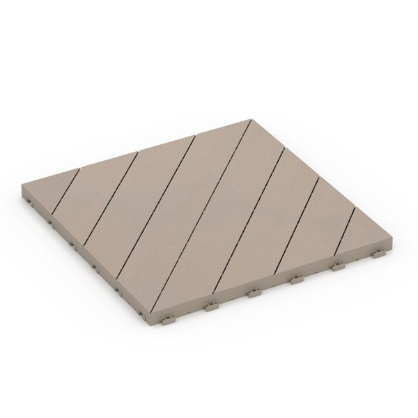 Quadratische Terrassenfliese aus WPC in Beige mit Klicksystem und diagonalem Muster.