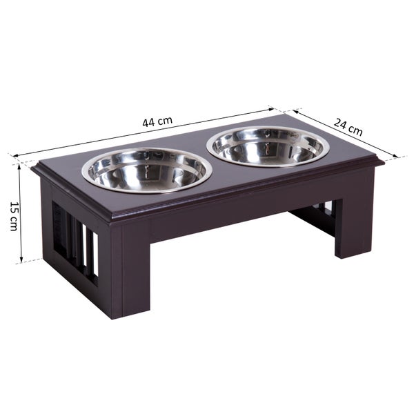 Erhöhte Futterstation für Hunde und Katzen aus dunklem Holz mit zwei Edelstahlnäpfen, 44 Zentimeter x 24 Zentimeter x 15 Zentimeter.