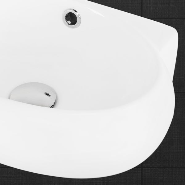 ML-Design Waschbecken aus Keramik Weiß, 43x28x15 cm, Oval, klein, Hahnloch links, inkl. Ablaufgarnitur Silber, Wandmontage/Aufsatzwaschbecken, Moderne Waschtisch Waschschale Waschplatz Handwaschbecken