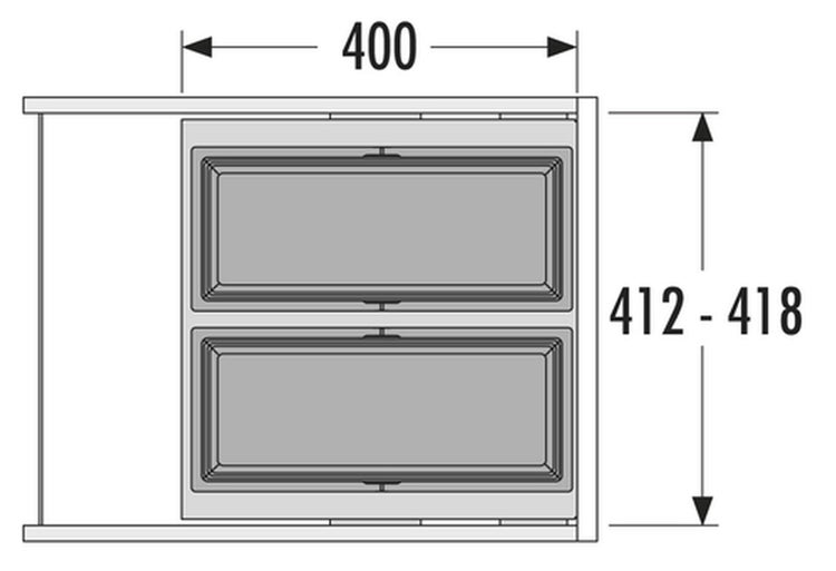 Technische Zeichnung mit Draufsicht auf ein Mülltrennsystem mit zwei Behältern und Bemaßungen von 400 Millimeter mal 412 bis 418 Millimeter
