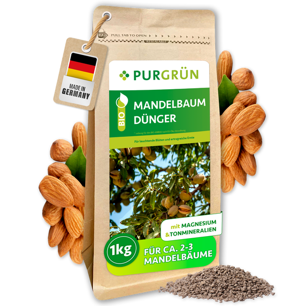 PURGRÜN Bio Mandelbaum Dünger, 1 Kilogramm Packung mit Magnesium und Tonmineralien für gesunde Mandelbäume.