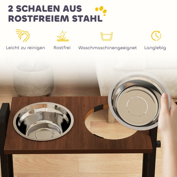 Erhöhte Futterstation mit zwei Schalen aus rostfreiem Edelstahl, leicht zu reinigen, spülmaschinenfest und langlebig.