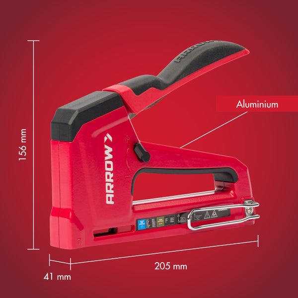 Roter und schwarzer Arrow Handtacker aus Aluminium, Maße 205 Millimeter mal 156 Millimeter mal 41 Millimeter.