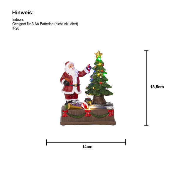 Weihnachtsdekoration mit Weihnachtsmann und beleuchtetem Baum, Höhe 18,5 cm, Breite 14 cm