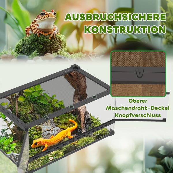 Terrarium mit ausbruchsicherer Konstruktion und oberem Maschendrahtdeckel mit Knopfverschluss