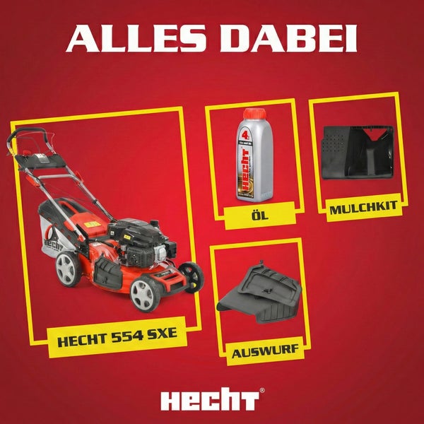 Hecht 554 SXE Rasenmäher mit Zubehör: Öl, Mulchkit und Auswurf