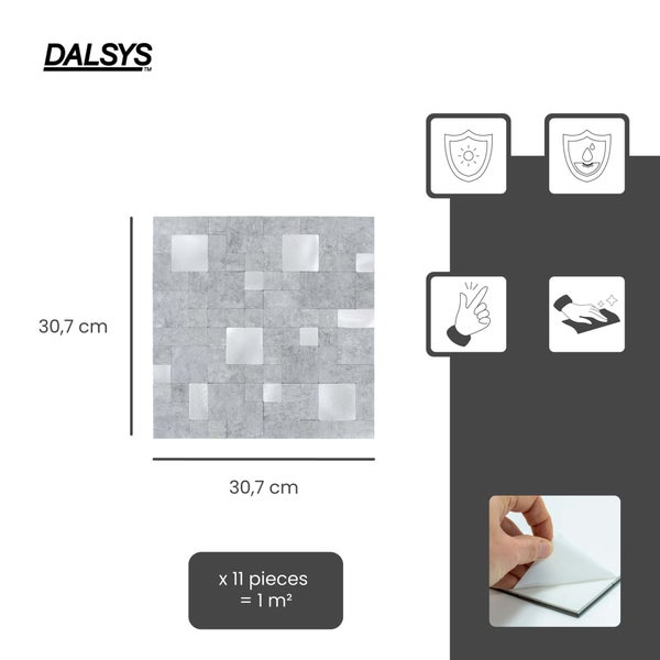 Dalsys Logo. Selbstklebende Mosaikfliese, 30,7 mal 30,7 Zentimeter. 11 Stück für 1 Quadratmeter. UV-beständig, wasserfest und pflegeleicht.