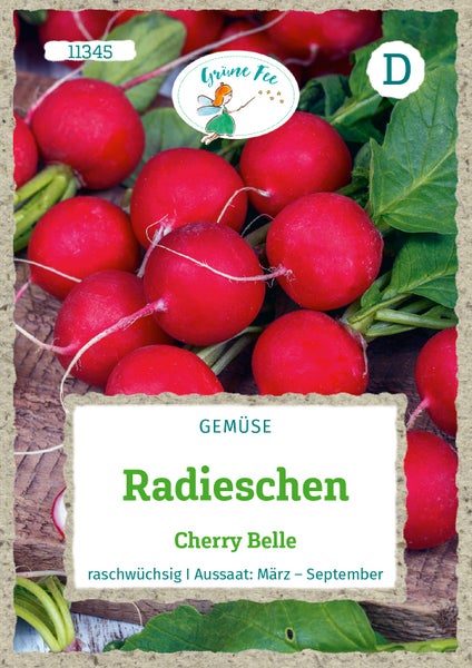 Samenpackung für Radieschen Cherry Belle, Grüne Fee Logo, schnell wachsende Gemüsesamen, Aussaat von März bis September.