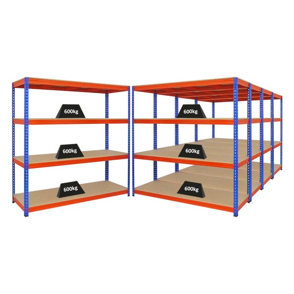 PROREGAL Mega Deal 5x Profi Schwerlastregal Bison HxBxT 200 x 200 x 60 cm 4 Fachböden Fachlast 600 kg Blau-Orange