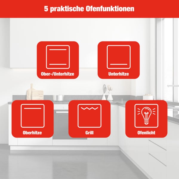 Fünf praktische Ofenfunktionen: Ober- und Unterhitze, Unterhitze, Oberhitze, Grill, Ofenlicht
