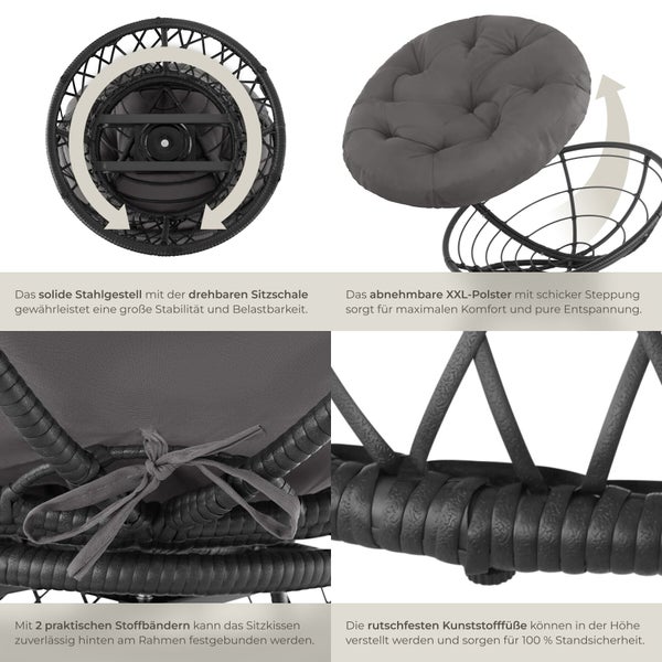 Details eines Papasan-Sessels: drehbares Stahlgestell, abnehmbares XXL-Polster mit Bändern und höhenverstellbare Kunststofffüße.