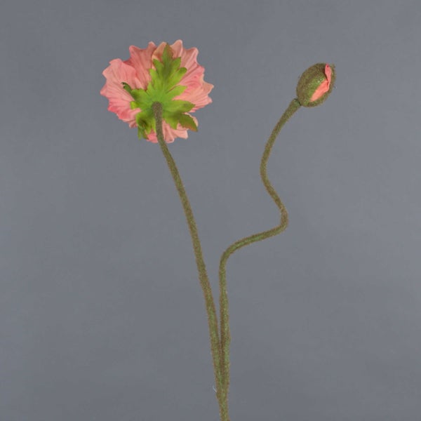 Künstliche Mohnblume in Lachsfarben mit einer Blüte und einer Knospe an beflockten Stielen.