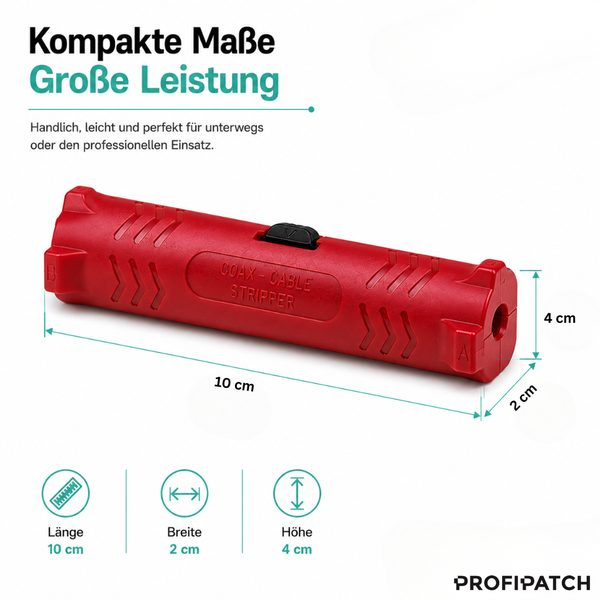 Roter PROFIPATCH Abisolierer für Koaxialkabel, Maße: 10 Zentimeter Länge, 2 Zentimeter Breite und 4 Zentimeter Höhe. PROFIPATCH Logo.