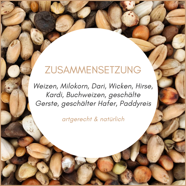 Zusammensetzung aus Weizen, Milokorn, Dari, Wicken, Hirse, Kardi, Buchweizen, geschälter Gerste, geschälter Hafer und Paddyreis.