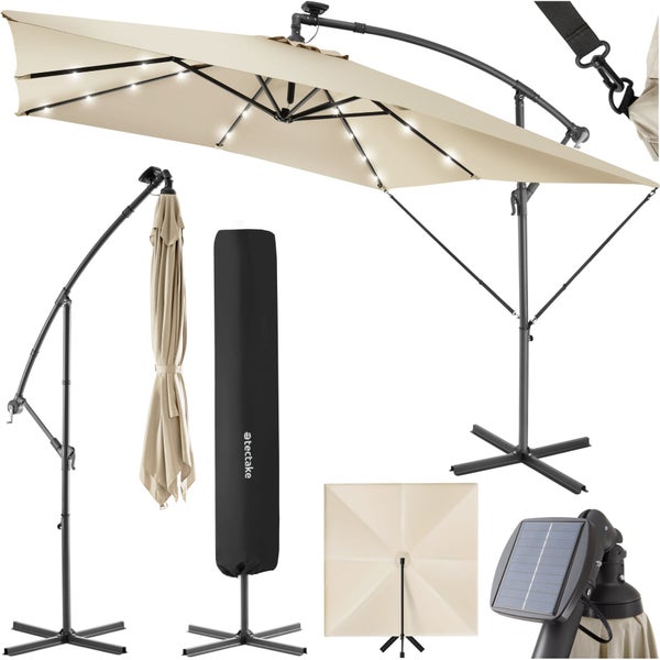 Sonnenschirm tectake Sunna wasserabweisend, inkl. Windsicherung und Schutzhülle 250 x 250 cm mit LED Solar-Beleuchtung beige