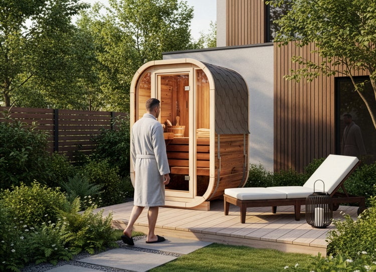 Moderne Fasssauna aus Holz mit Glastür auf einer Holzterrasse im Garten, neben einer Sonnenliege und einer Person im Bademantel.