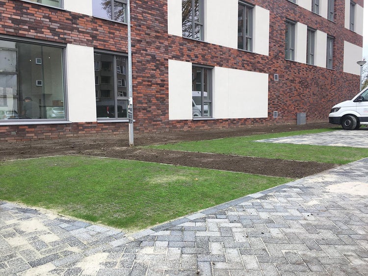 Moderner Außenbereich mit Klinkerfassade, frisch verlegtem Rasen und grauen Pflastersteinen im Fischgrätmuster.