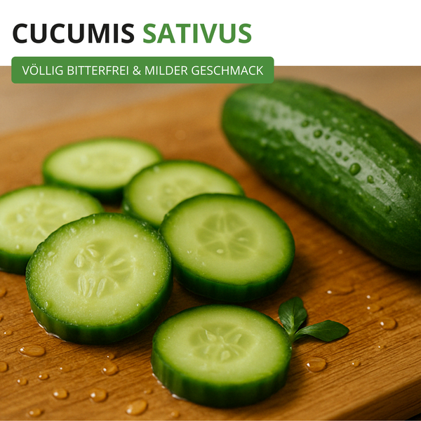 Ganze Salatgurke Cucumis sativus und Gurkenscheiben auf einem Holzbrett.