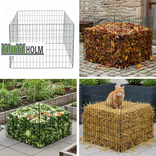 Collage verschiedener Ansichten eines Kompostbehälters aus Drahtgitter mit Trutzholm Logo