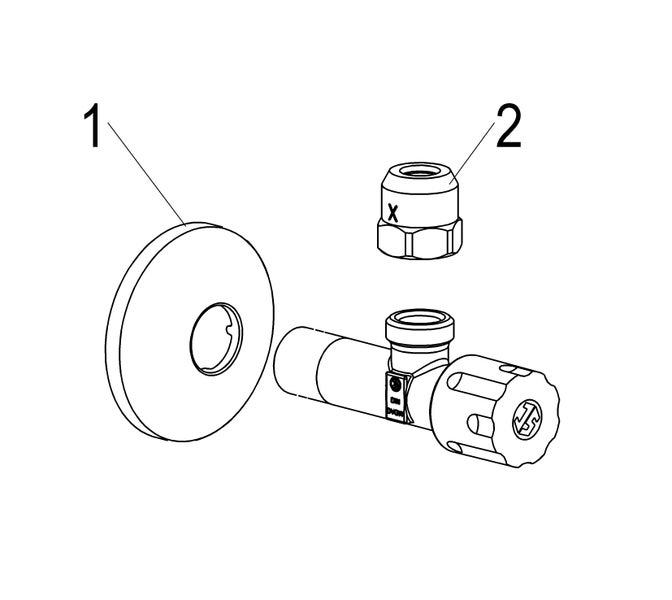 Technische Zeichnung eines Eckventils mit einer Wandrosette (Nummer eins) und einer Quetschverschraubung (Nummer zwei).