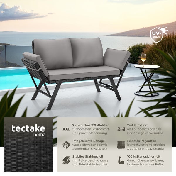 Rattan-Loungesofa tectake Sintra 157 x 61 x 89 cm 2in1 Funktion hellgrau/schwarz