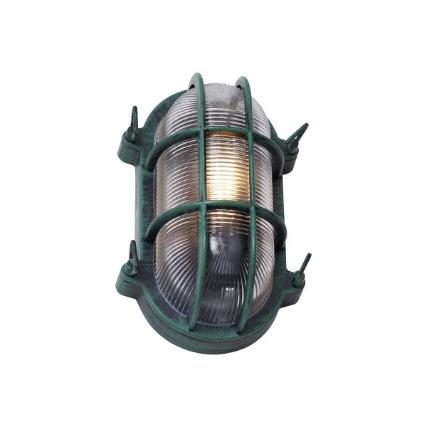 Ovale Außenwandleuchte mit Schutzgitter und geriffeltem Glas, Metallgehäuse in Grün-Schwarz antik.