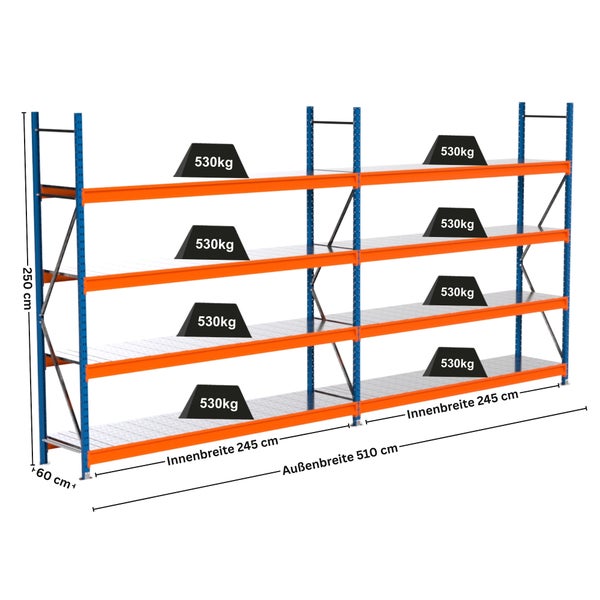 Abbildung eines Schwerlastregals mit Abmessungen und Gewichtsangaben