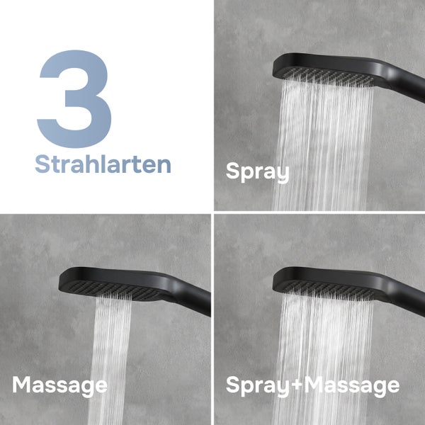 Handbrause mit drei Strahlarten, Spray, Massage und kombinierter Strahlfunktion dargestellt in einer Collage.