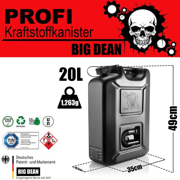 BigDean 2 Stück Benzinkanister 20L Schwarz im Totenkopf Design - Kraftstoffkanister für Benzin, Diesel & AdBlue – Made in Germany