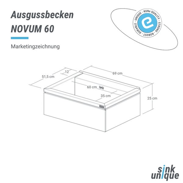 Technische Zeichnung Ausgussbecken NOVUM 60. Maße: 69 Zentimeter Breite, 51,5 Zentimeter Tiefe, 25 Zentimeter Höhe. sink unique Logo.
