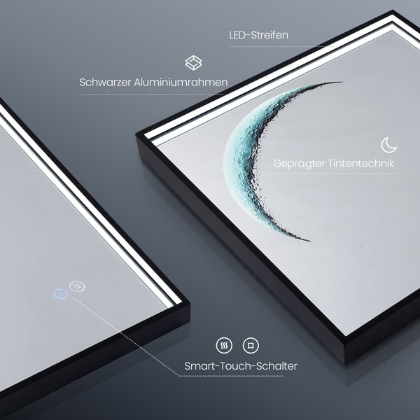 EMKE Badspiegel mit Beleuchtung 60x60 cm, Kaltweiß, Quadratischer Dekospiegel mit Touchschalter, Anti-Beschlag, Schwarzer Rahmen, Mond-Design