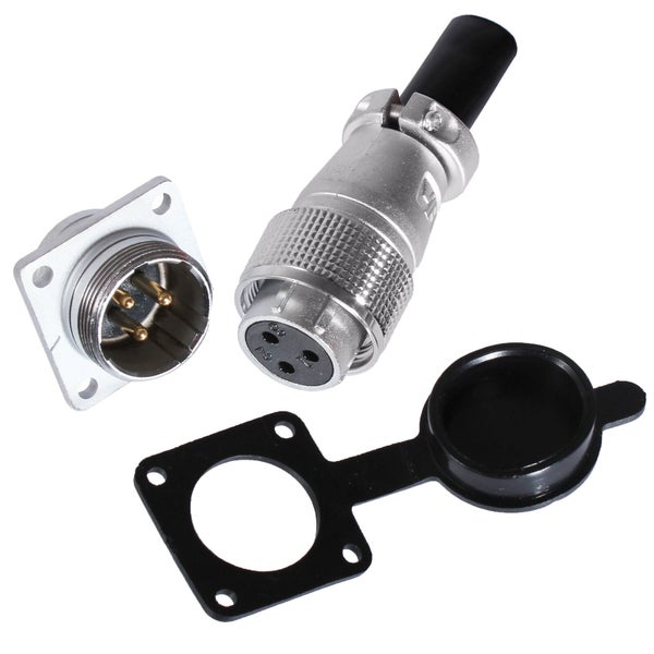 Runder Metall Steckverbinder mit Kabelstecker Einbauflansch und Schutzkappe