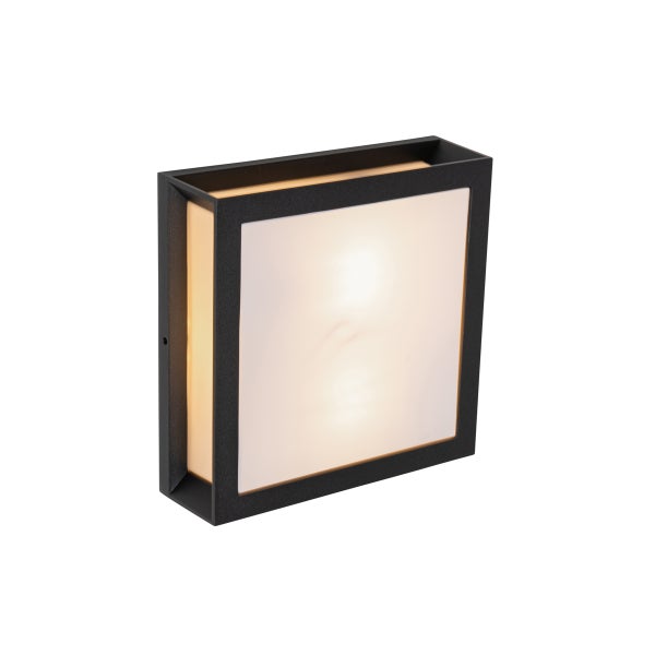 Quadratische schwarze Außenwandleuchte mit weißem Diffusor, Lichtaustritt nach vorne und zu den Seiten.