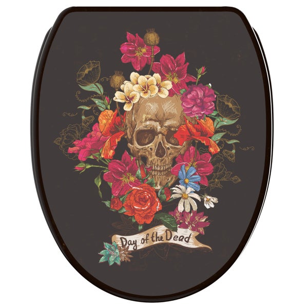 Toilettensitz mit Totenkopf-Motiv, Blumenverzierung und dem Schriftzug Day of the Dead.