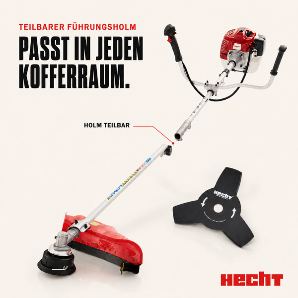 Benzin-Motorsense von Hecht mit teilbarem Führungsholm für einfachen Transport im Kofferraum, inklusive Dreizahnmesser und Hecht Logo.