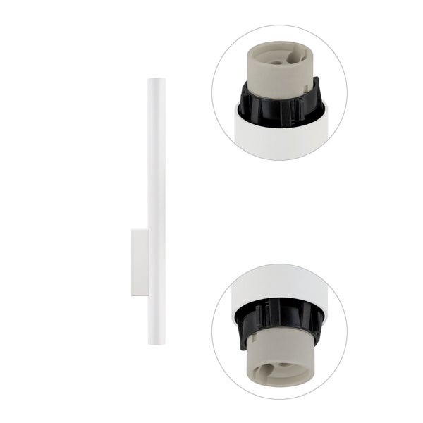 Weiße, zylindrische Wandleuchte mit Detailansichten der Fassungen an den Enden.