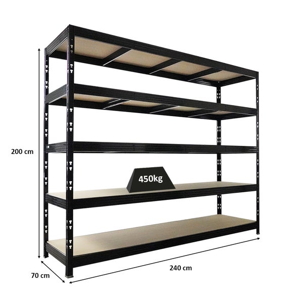 Schwerlastregal mit fünf Böden, Abmessungen 240 mal 70 mal 200 Zentimeter und 450 Kilogramm Traglast