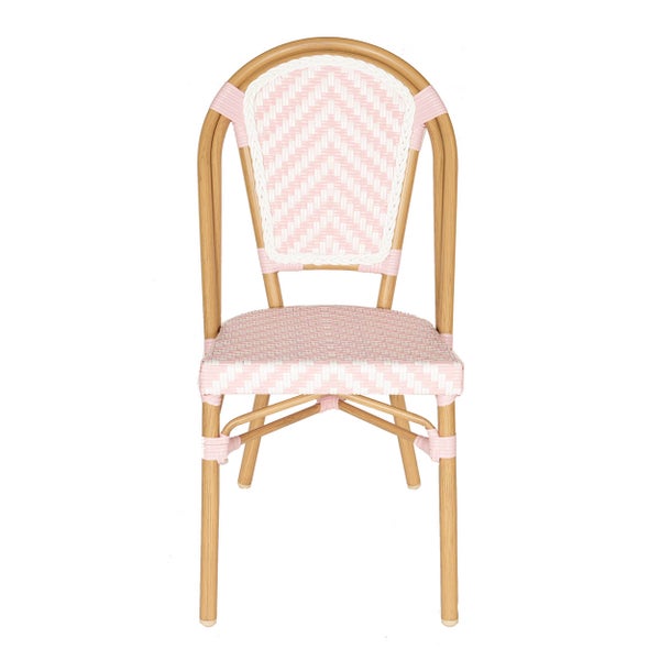 Bistrostuhl mit Gestell aus Aluminium in Holzoptik und Sitzfläche sowie Rückenlehne aus rosa-weißem Kunststoffgeflecht