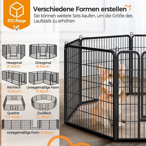 Hund im schwarzen Metall-Laufstall, verschiedene Zaunformen dargestellt