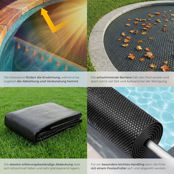 Vier Bilder zur Veranschaulichung der Vorteile einer Solarplane für Pools, inklusive Wärmespeicherung, Schmutzschutz, Lagerung und Aufrollsystem.