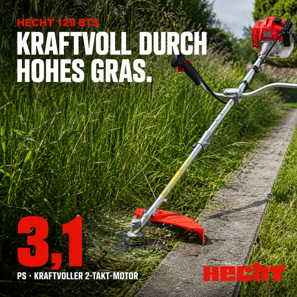 Benzin Motorsense Hecht 129 BTS mit kraftvollem Zweitaktmotor und drei Komma eins Pferdestärken beim Schneiden von hohem Gras an einem Weg.