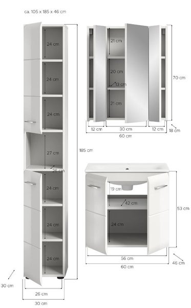 Badezimmermöbel-Set circa 105 mal 185 mal 46 Zentimeter mit Hochschrank, Spiegelschrank und Waschtischunterschrank sowie detaillierten Maßen.