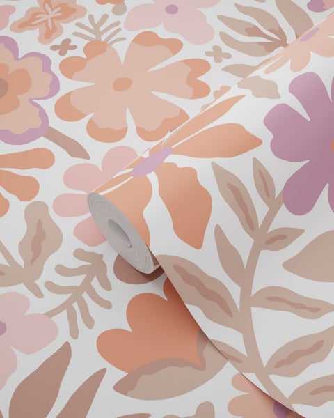 Vliestapete mit retro Blumenmuster in Pastelltönen, Tapetenrolle.