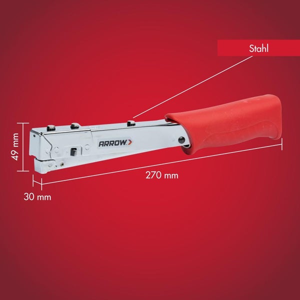 Arrow Handtacker aus Stahl, Maße 270 Millimeter Länge, 49 Millimeter Höhe, 30 Millimeter Breite.